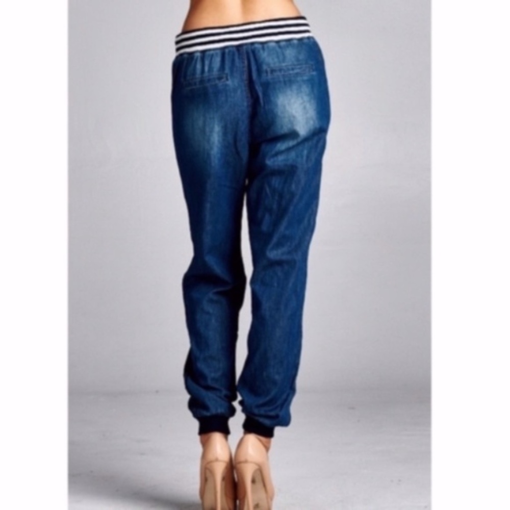 Dark Wash Striped Stretchy waistband Denim joggers - Picture 2 of 2